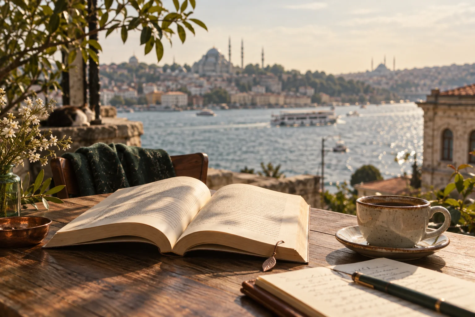 a book and reading notebook by the water