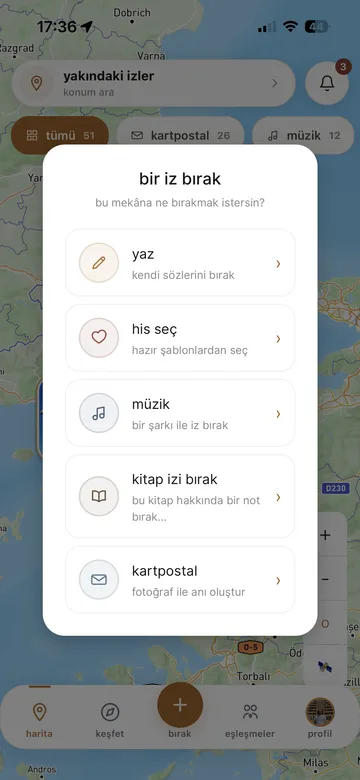 writing, feeling, music, book and postcard options in the create screen